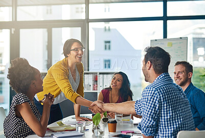 Buy stock photo Shaking hands, success and business people for collaboration deal, respect or workplace welcome. Handshake, agreement and creative cooperation for partnership contract, teamwork or congratulations