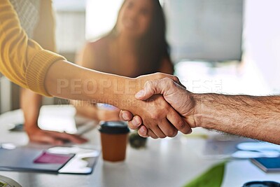 Buy stock photo Shaking hands, closeup and business people for collaboration contract, respect or workplace welcome. Handshake, agreement and creative cooperation for partnership success, teamwork or congratulations