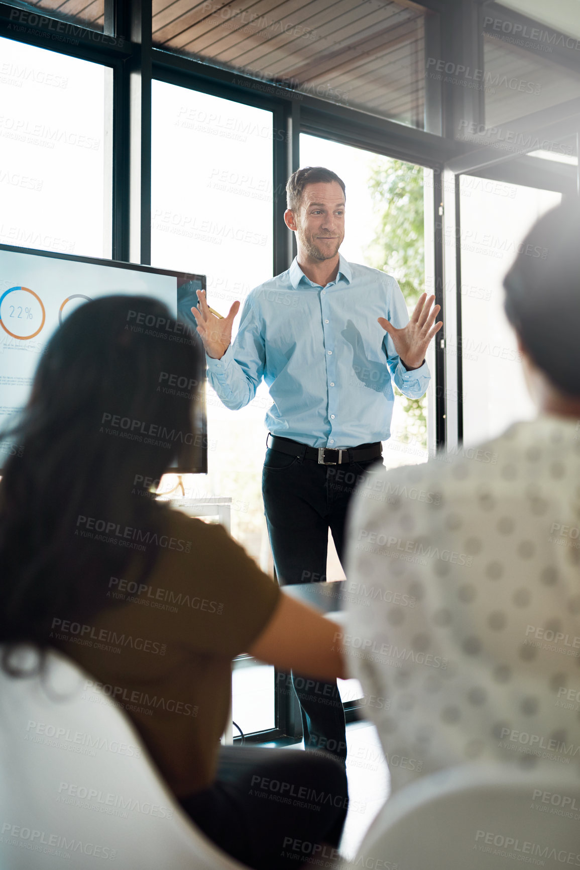 Buy stock photo Office, businessman and discussion for presentation with screen, opinion and feedback in workshop. Boardroom, teamwork and speaker with answer for corporate meeting, training and review information