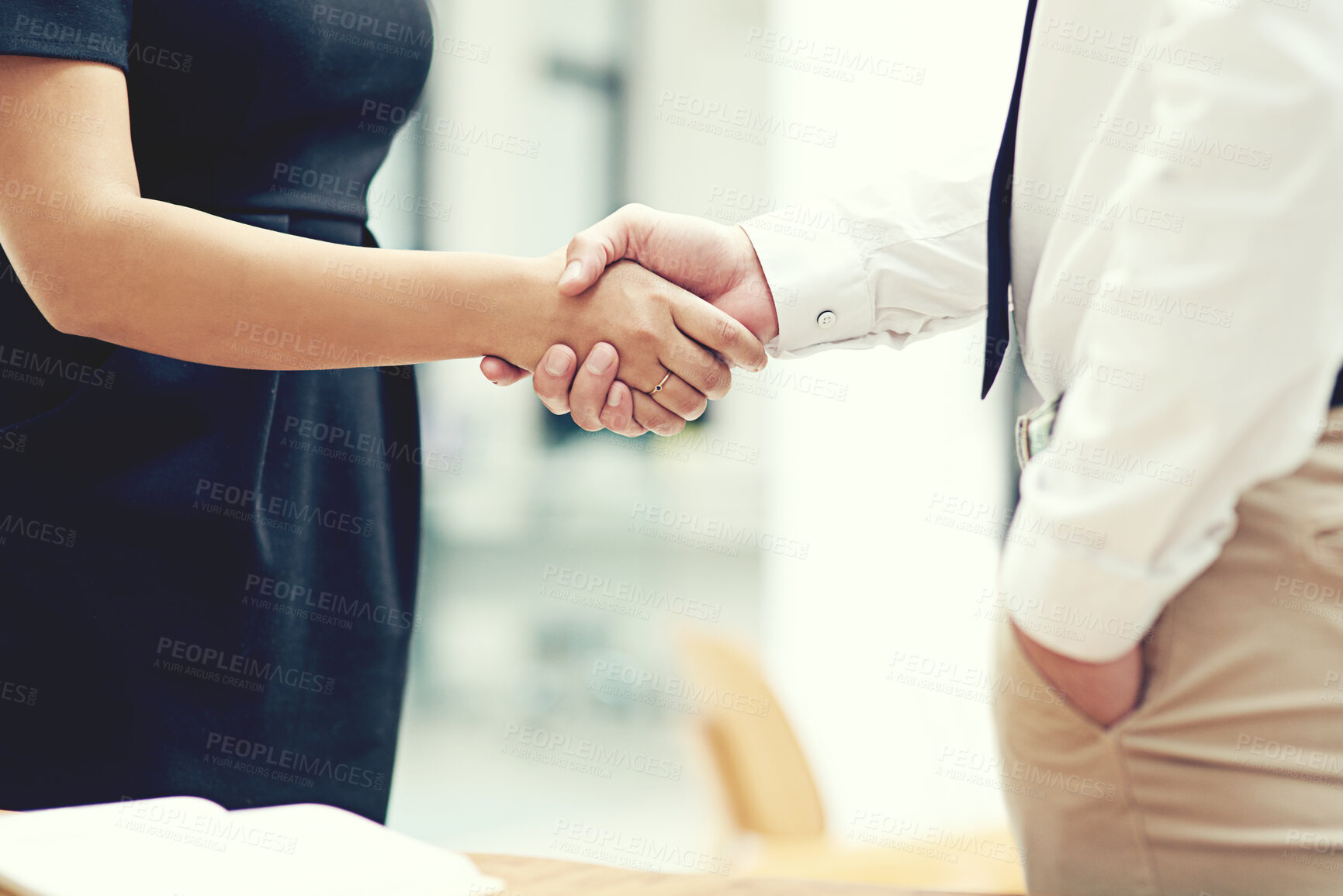 Buy stock photo Thank you, welcome and business people handshake for interview, success and deal in office. Teamwork, meeting and shaking hands by b2b person team in support of onboarding, recruitment or negotiation