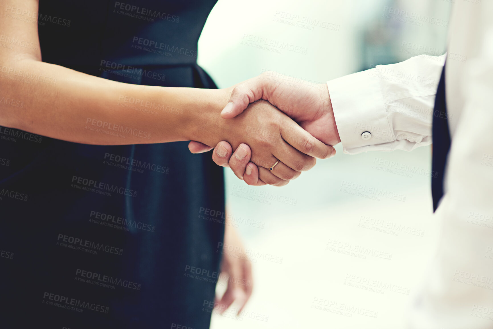 Buy stock photo Interview, welcome and business people handshake for thank you, success and deal in office. Teamwork, meeting and shaking hands by b2b person team in support of onboarding, recruitment or negotiation