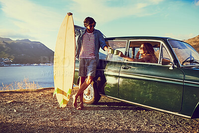 Buy stock photo Couple, coffee and cheers for surfing by beach, travel and road trip to ocean for adventure. People, relax and vehicle for journey to nature, holiday and board for sea getaway or toasting to love