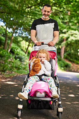 Buy stock photo Stroller, teddy bear and dad with child in nature for walk, journey or adventure together. Pram, outdoor and father with girl toddler kid in park for bonding, connection or family time on path