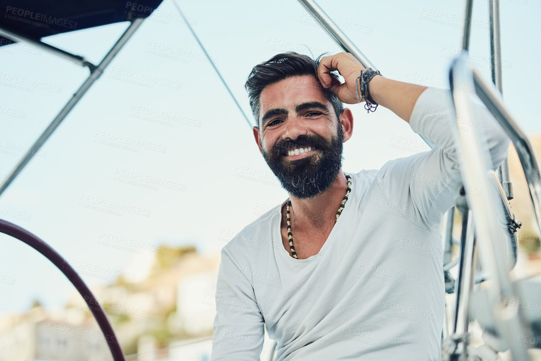 Buy stock photo Portrait, man and smile on yacht for sport, fun and adventure in ocean or sea on summer vacation. Male person, happiness and relax on boat for sailing, holiday and travel on water with joy in Monaco