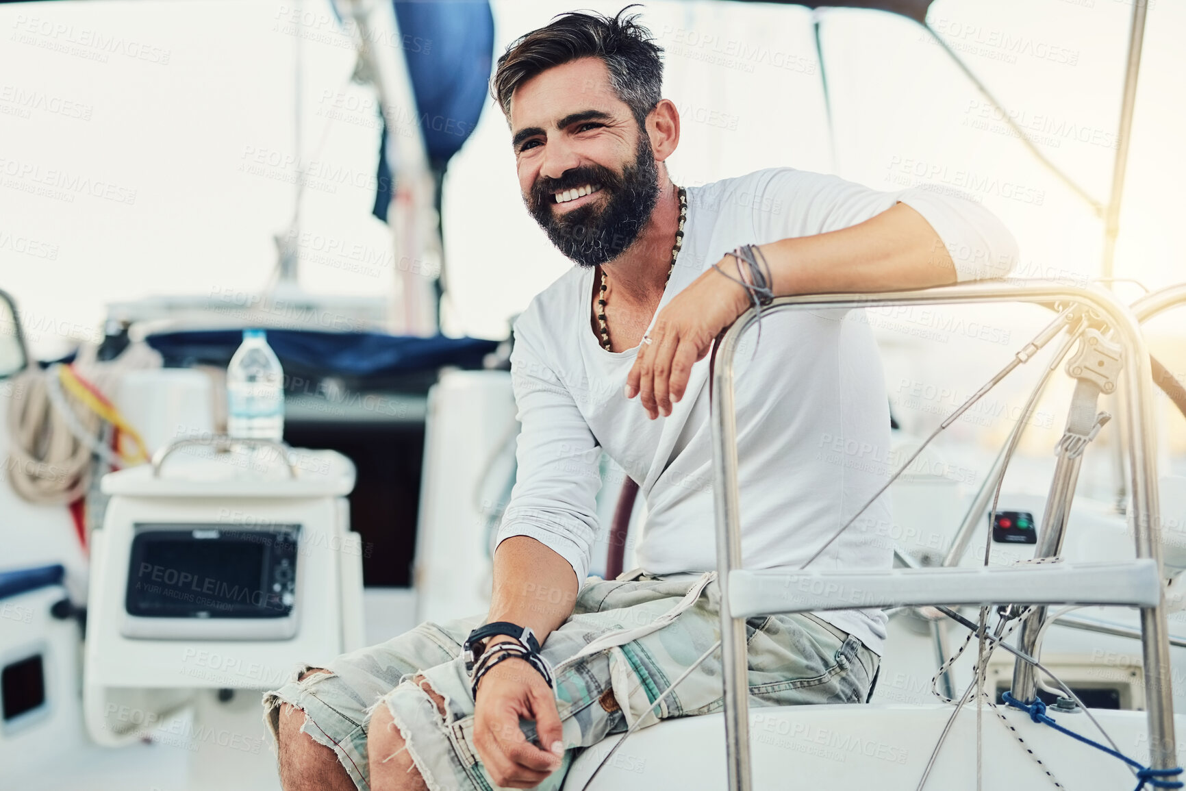 Buy stock photo Relax, smile and thinking with man on boat at sea for holiday, travel or vacation in summer. Happy, idea and rich with sailor person on luxury yacht for ocean adventure, sightseeing or tourism