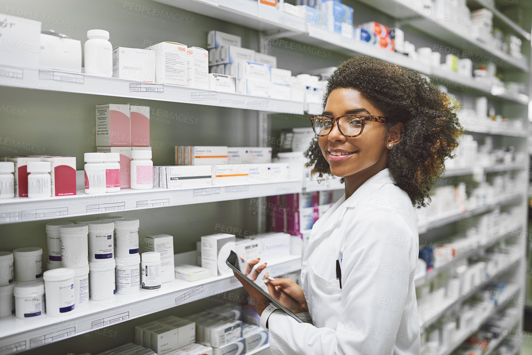 Buy stock photo Pharmacy, shelf and portrait of woman with tablet for medicine, info and inventory update. Healthcare, inspection and African pharmacist with tech for medical database, storage and report of stock