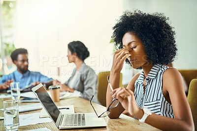 Buy stock photo Woman, headache and glasses with laptop in office for eye strain, project mistake and glitch of burnout stress. Person, migraine and digital with fatigue pain, review error and brain fog of deadline