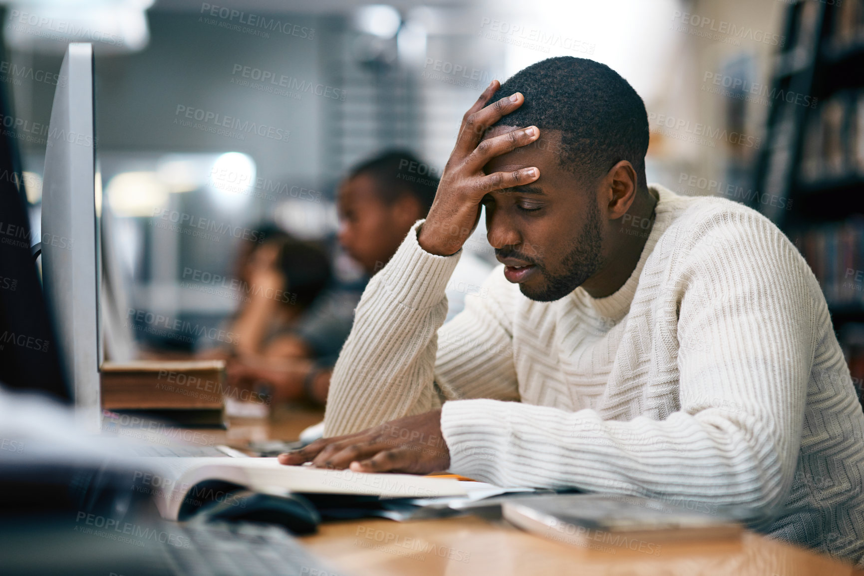 Buy stock photo Education, stress and man with books in library, thinking and   headache for learning, ideas and university. Scholarship, student and contemplating for knowledge, migraine and black person in college