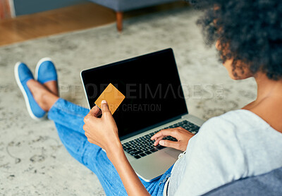 Buy stock photo Woman, living room and laptop screen with credit card for online shopping, payment and purchase. Female person, debit verification and mockup space at home for internet banking, budget and finance
