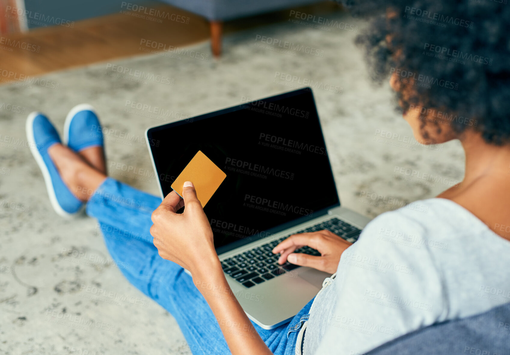 Buy stock photo Woman, living room and laptop screen with credit card for online shopping, payment and purchase. Female person, debit verification and mockup space at home for internet banking, budget and finance
