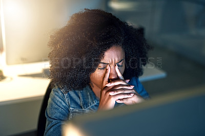 Buy stock photo Stress, headache and woman by computer in office with glitch, mistake or crisis for web development. Eye strain, night and software designer with online firewall crash on technology in workplace.