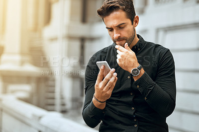 Buy stock photo Thinking, phone and confused with man in city for communication, social media or connection. Networking, newsletter and location app with person and mobile in downtown for search, digital or internet