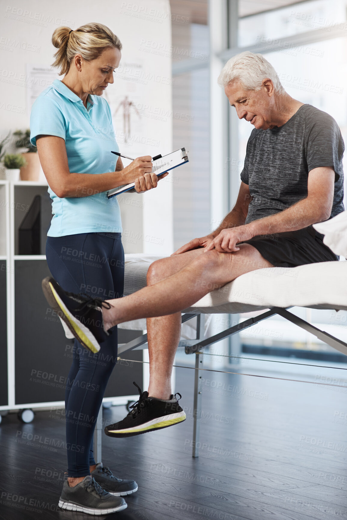 Buy stock photo Physical therapy, senior patient and knee injury with medical consultation, exam and assessment of muscle progress. Chiropractic, people or doctor writing notes, checklist and leg recovery in physio