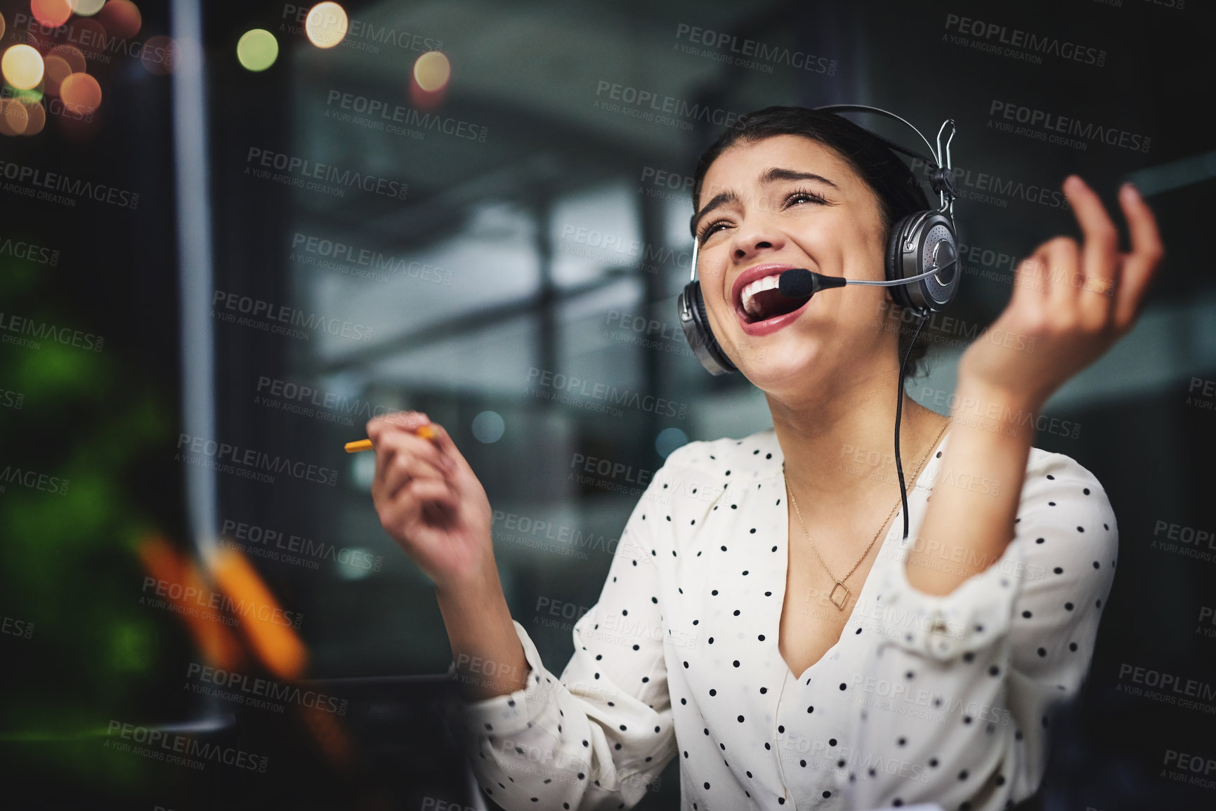 Buy stock photo Woman, call center and laugh with mic, headset and customer service at night with funny conversation. Person, agent and consultant with voip headphones, excited and telemarketing with sales lead