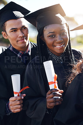 Buy stock photo Certificate, university and portrait of students at graduation celebration with smile, achievement and education. College, woman and man on campus with diploma, diversity or friends at award ceremony