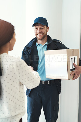 Buy stock photo Delivery man, happy woman or customer shaking hands for box, ecommerce or online shopping. Front door, agreement and people greeting for package, goods or courier mail order for shipping in apartment