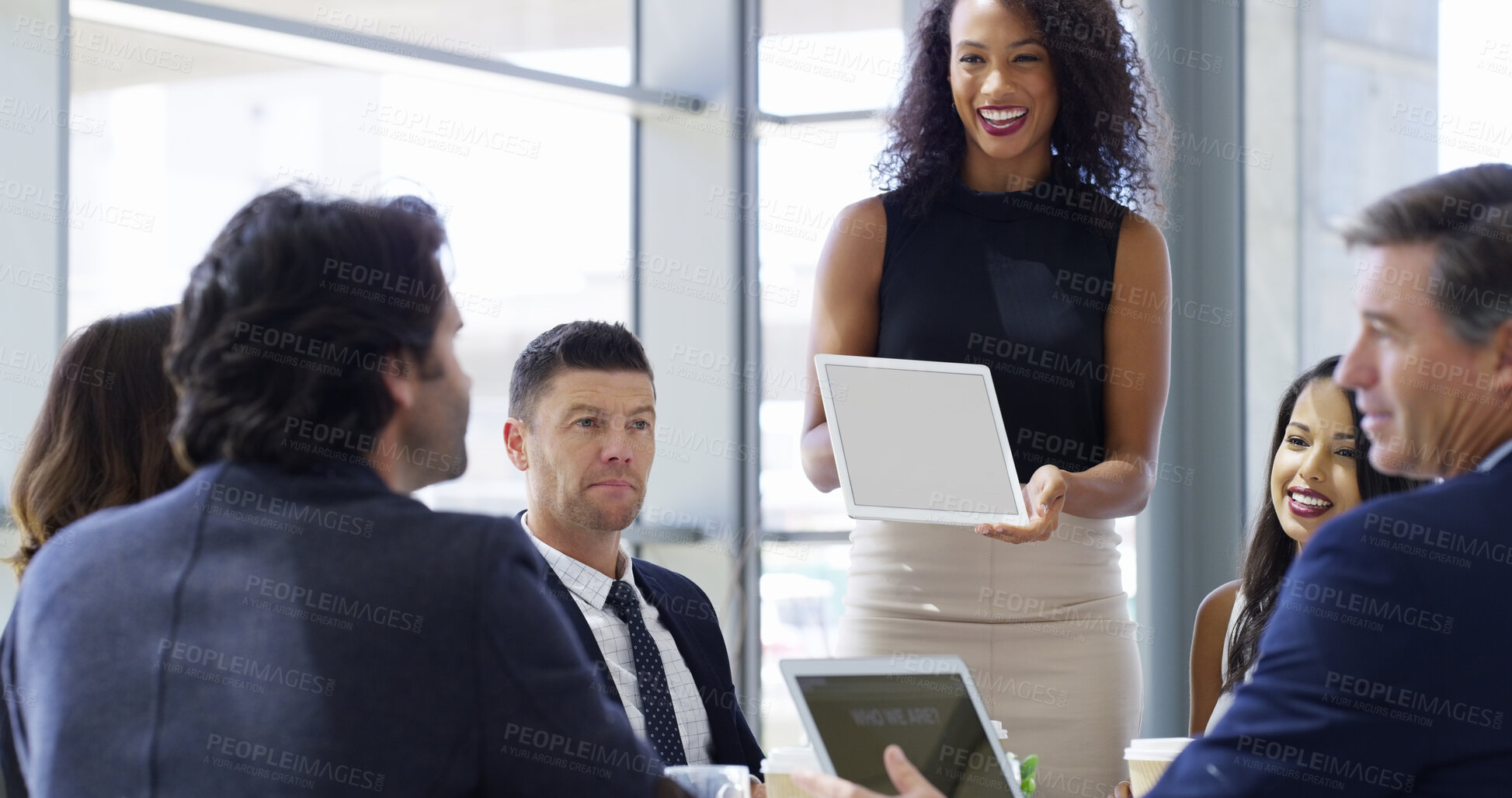 Buy stock photo Client report, meeting and tablet with business people in boardroom of office together for feedback. Presentation, smile and technology with woman employee talking to investors in workplace for intro