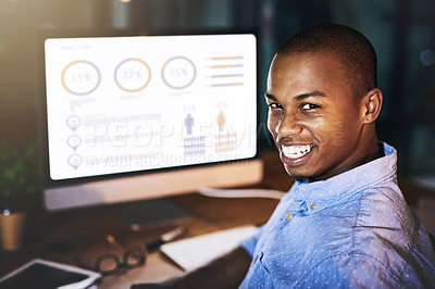 Buy stock photo African, businessman and computer screen in portrait at night as data specialist in office. Male person, working late and tech with metrics for analysis, internet and company as professional in Kenya