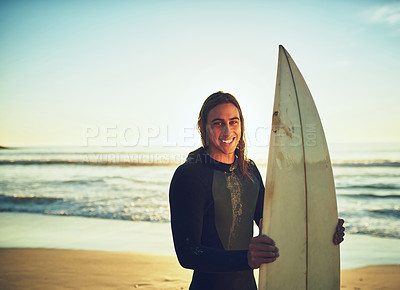 Buy stock photo Happy man, surfboard and portrait on beach for fitness, training programme and competition preparation. Athlete, surfer and smile at ocean for sport, recreational activity and confident in Australia