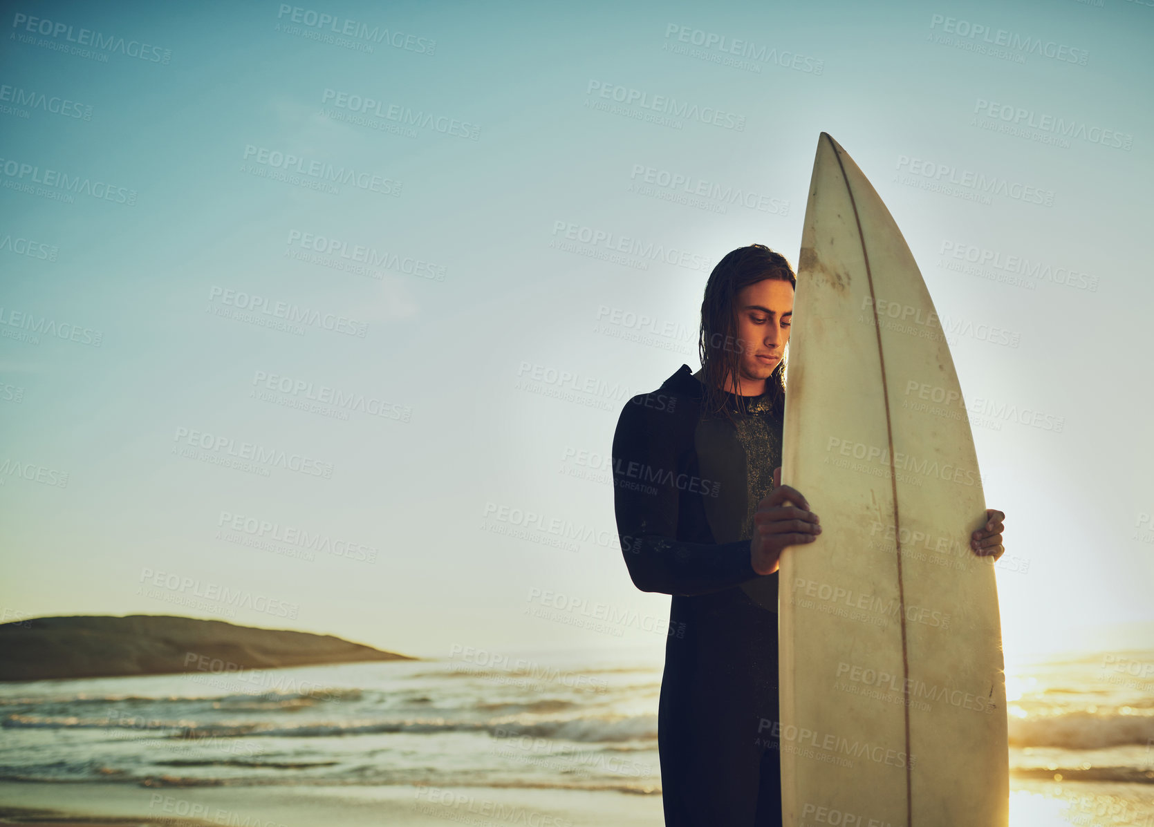 Buy stock photo Man, surfboard and thinking on beach mockup for fitness, training programme and competition preparation. Athlete, surfer or sunset at ocean space for sport, recreational activity or calm in Australia