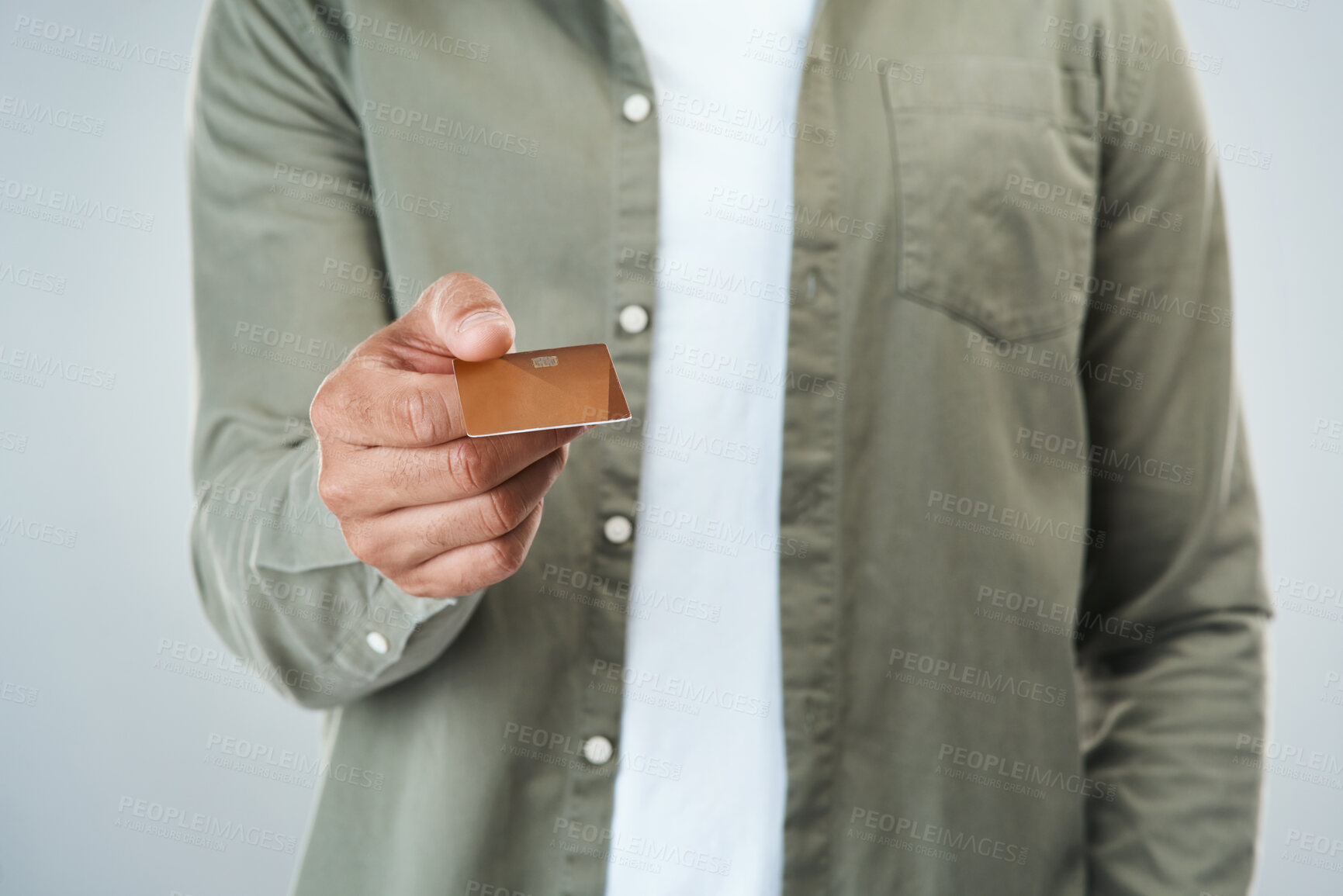 Buy stock photo Hand, studio and holding credit card for payment offer isolated on white background. Debit, closeup and person giving money for financial transaction, bank account and purchase subscription service