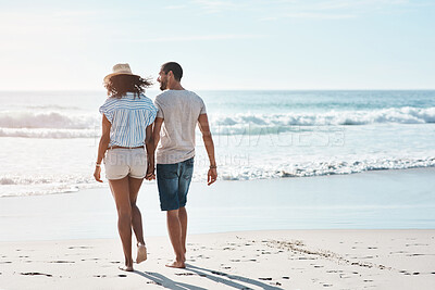 Buy stock photo Couple, back and holding hands at ocean for travel, summer and tropical holiday together in San Diego. Man, woman and walking on sand by beach for adventure, love and relax on vacation with partner