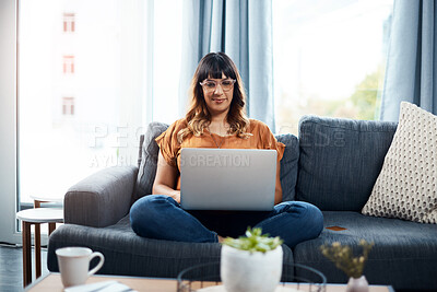 Buy stock photo Typing, relax and woman with laptop, couch and ideas for composer, digital and writing of lyrics and creative. House, computer and inspiration of freelancer, online and remote work in living room