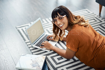 Buy stock photo Floor, laptop and mockup with portrait of woman in living room for social media, networking and trending post. Chatbot portal, online platform and website with person at home for technology or search