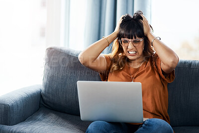 Buy stock photo Remote work, woman and angry with laptop for glitch, technical issues and slow connection of internet. Freelancer, editor and frustrated with digital for software crash, publication error and problem