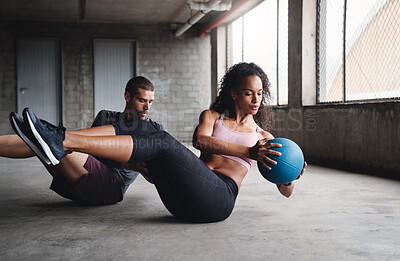 Buy stock photo Exercise, couple and fitness with medicine ball outdoor for workout, balance training and core strength of performance. Active, people and muscle challenge, strong biceps and support for gym results