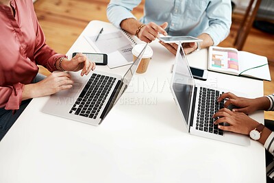 Buy stock photo Hands, teamwork or people on laptop in startup for planning, project review and feedback. Typing, schedule or designers on tablet in agency for online media planner, social network update or news