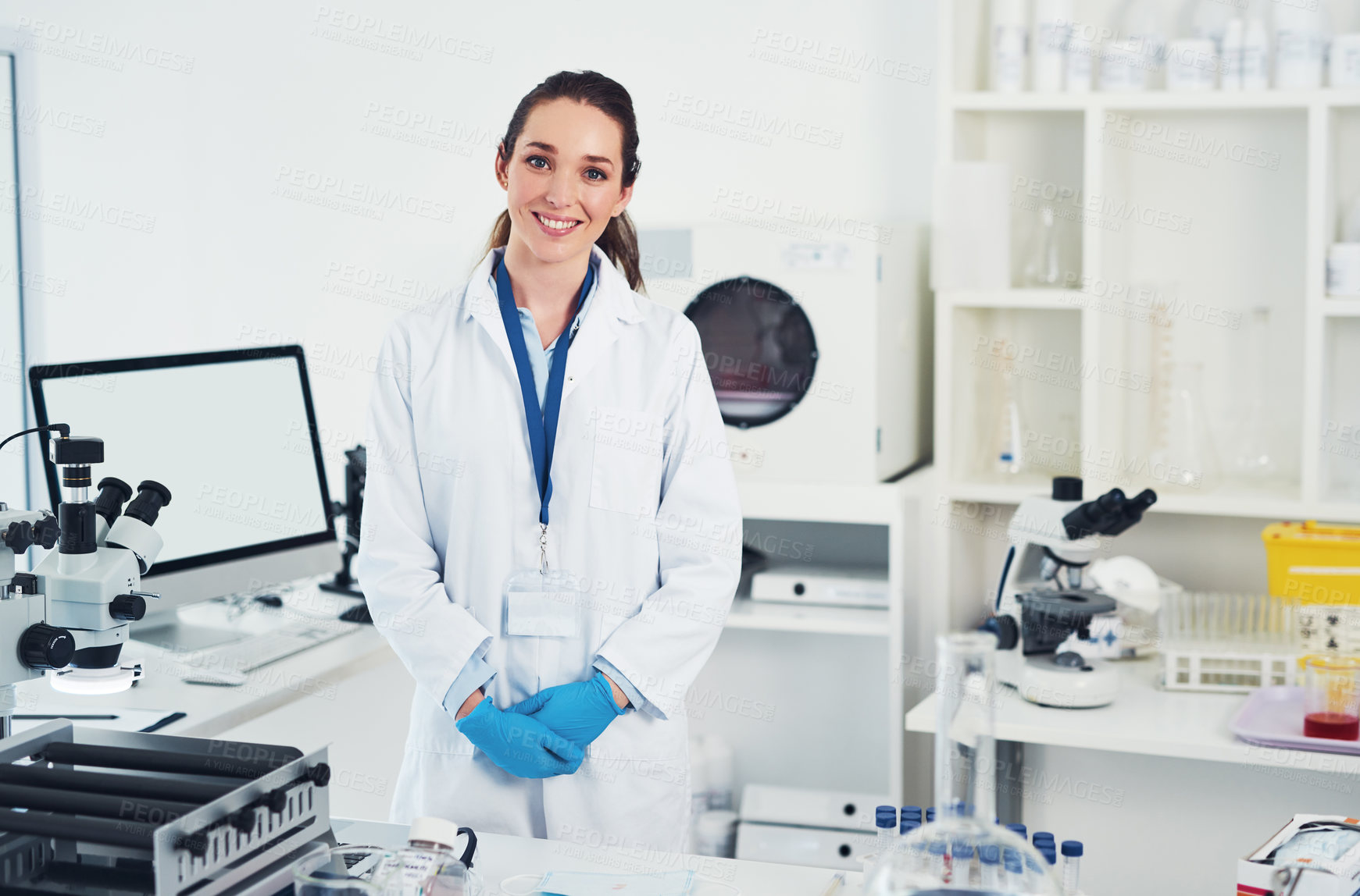 Buy stock photo Science, research and portrait of woman in laboratory with smile for vaccine development in medical study. Biotech engineer, technician or confident scientist in office for pharmaceutical innovation