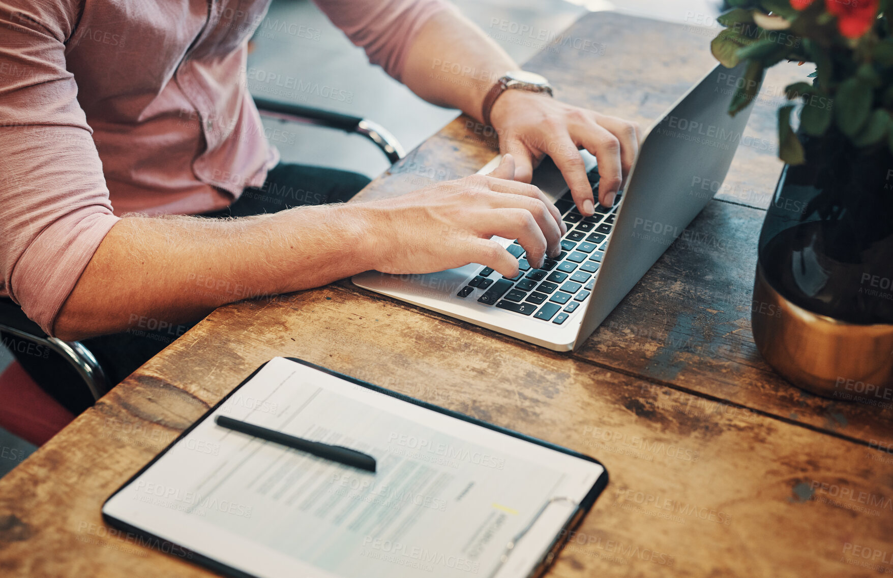 Buy stock photo Person, hands and florist with typing on laptop in office for inventory management, website promotion or paperwork. Small business, man or technology at desk with flower order, supply chain and email