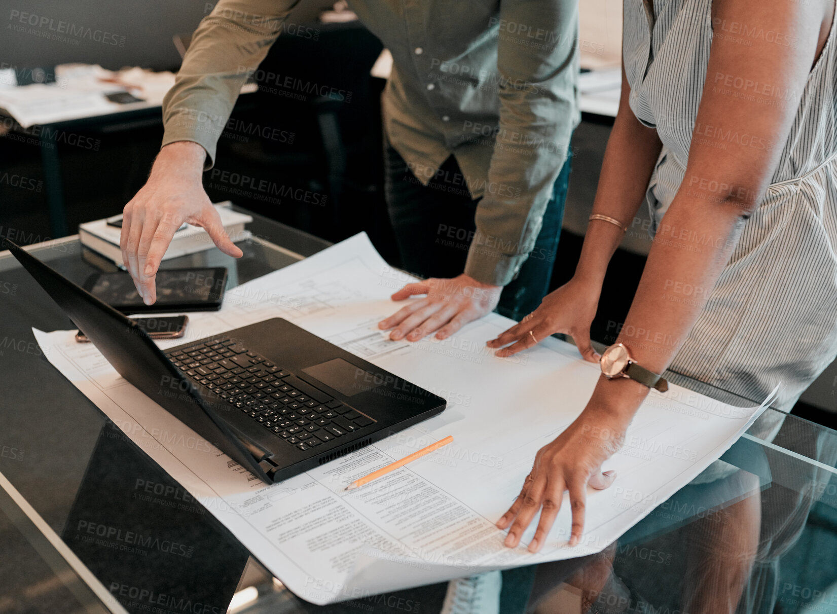 Buy stock photo Blueprint, laptop and hands of business people for architecture, project management and collaboration. Computer, building plan and engineering team at desk with partnership, development and design