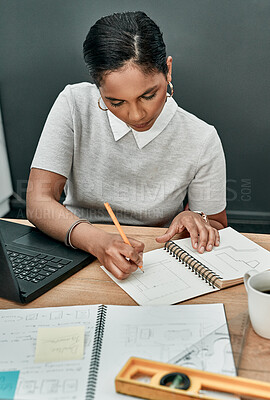 Buy stock photo Notes, architecture and woman at desk with planning, laptop and project management in creative development. Writing, notebook and designer in office for ideas, civil engineering and blueprint drawing