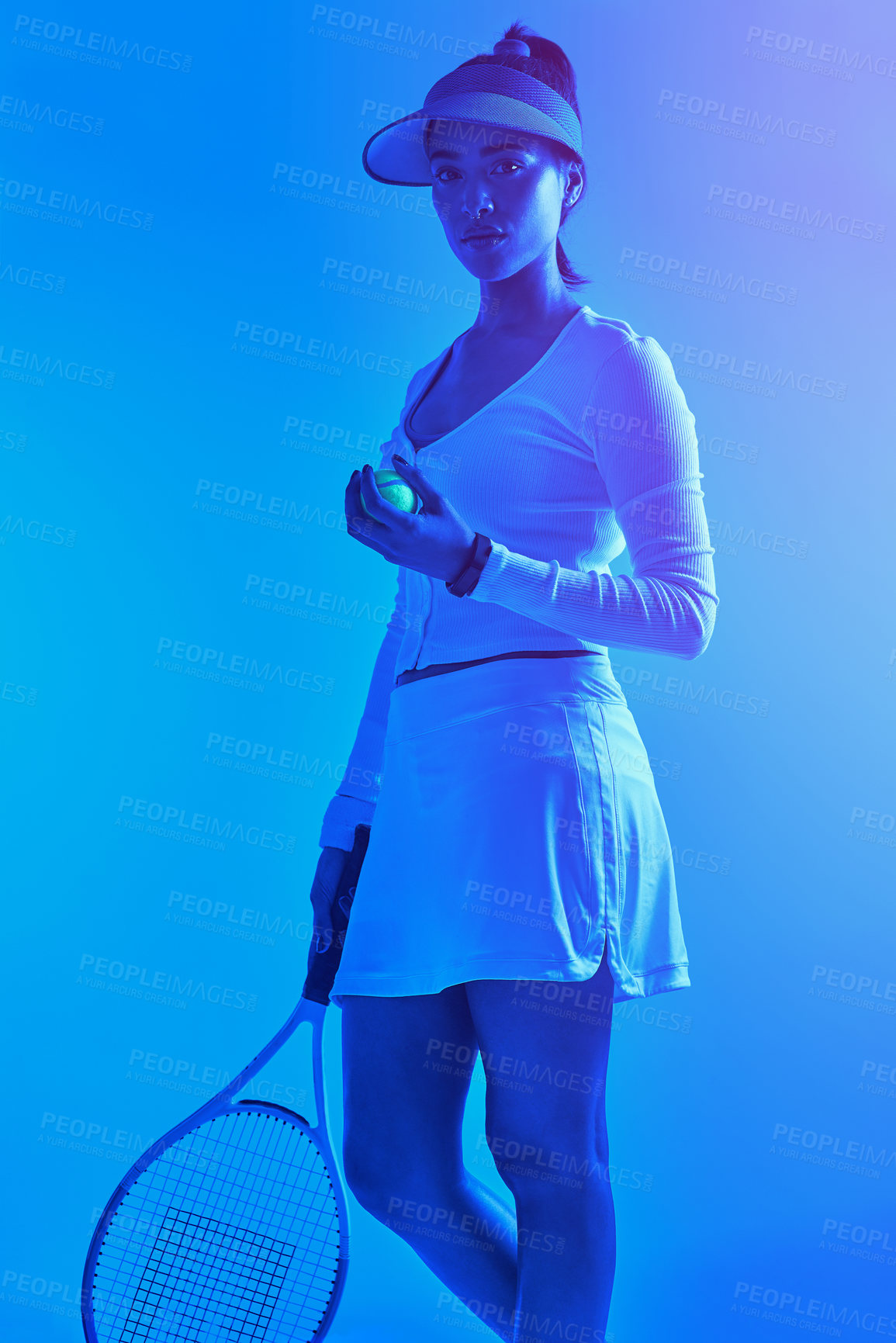 Buy stock photo Sports, tennis and portrait of woman on blue background for game, match and competition in studio. Challenge, fitness and isolated person with racket for exercise, training and workout for tournament