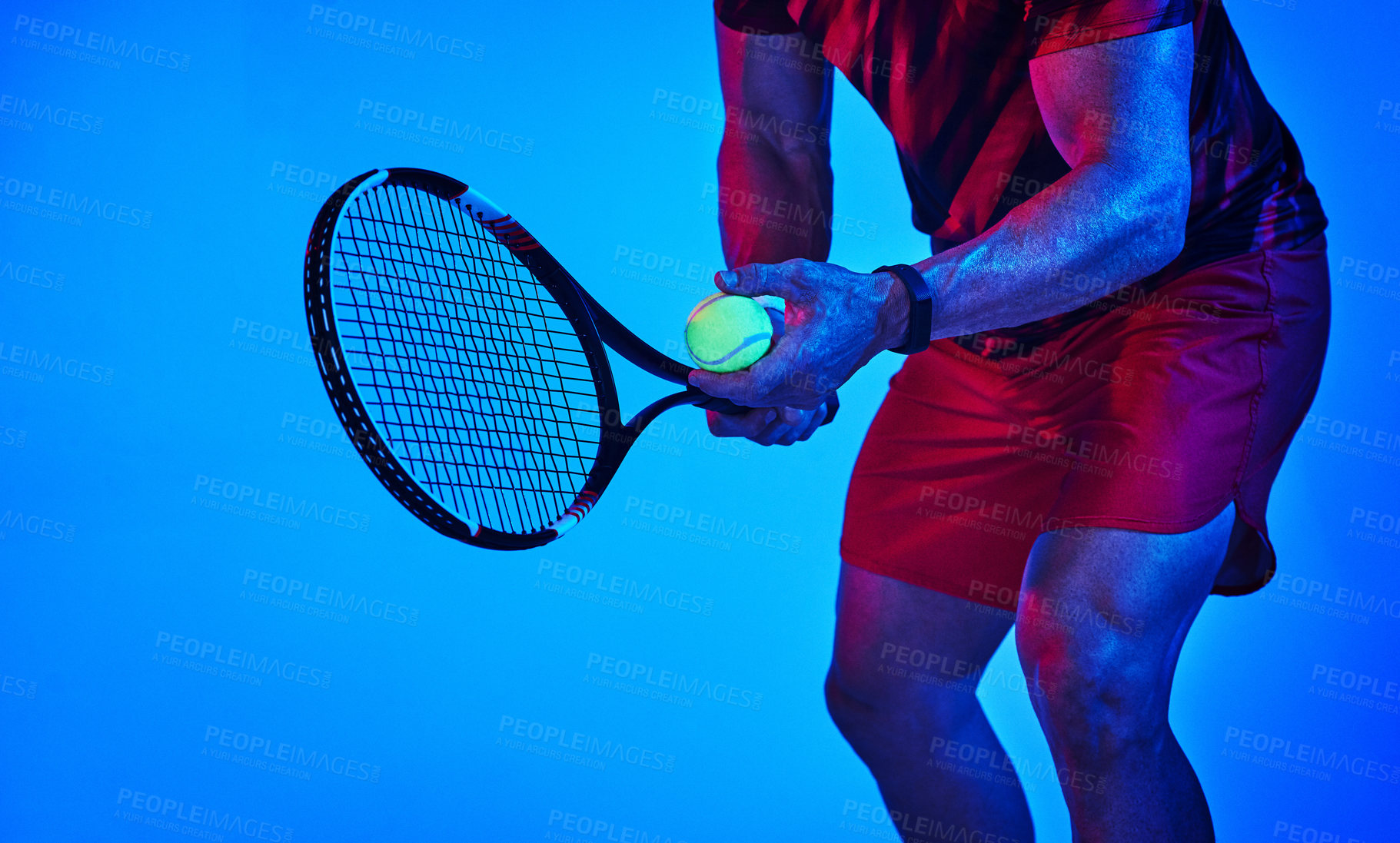 Buy stock photo Man, hands or tennis with ball for serve, game or match start in studio on a blue background. Closeup, male person or professional athlete with racket for swing, competition or sports tournament