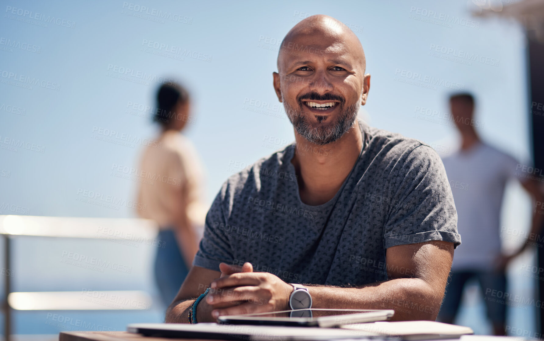 Buy stock photo Portrait, mature man and tablet with smile in France for travel, business and break on weekend. Male person, happy and beach promenade with technology for relax, calm and peace at cafe in connection