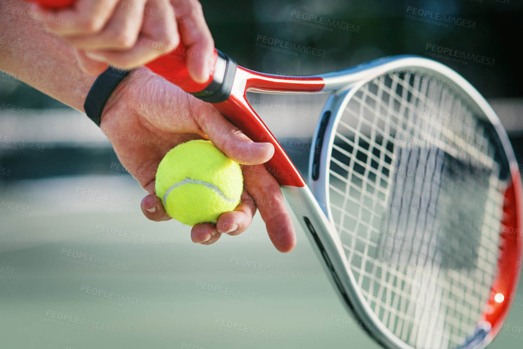 Buy stock photo Tennis court, outdoor and hands with racket, closeup and fitness for workout or sport challenge. Person, exercise and athlete for game, match or tournament in competition, training or activity in USA