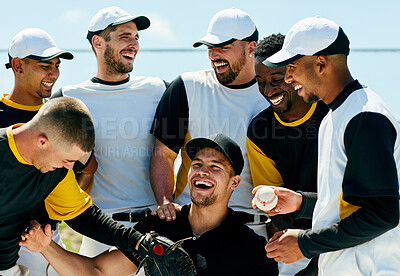 Buy stock photo Cropped shot of a team of baseball players smiling while standing with their coach on the field during the day