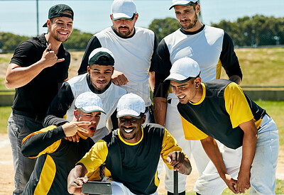 Buy stock photo Cropped shot of a team of young baseball players staking a selfie together while standing on the field during the day