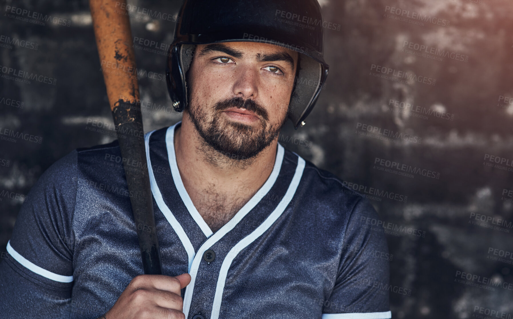 Buy stock photo Man, baseball and planning in dugout with game idea for homerun, fitness practice or workout for wellness. Male athlete, sports stadium or bat with thinking in building for health, gear for cardio