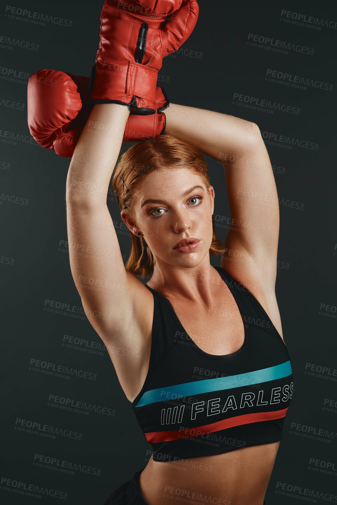 Buy stock photo Woman, portrait or boxer in studio for fighting exercise, boxing or self defense on black background. Girl, face or athlete in gloves in sports practice for training and fitness workout in Canada