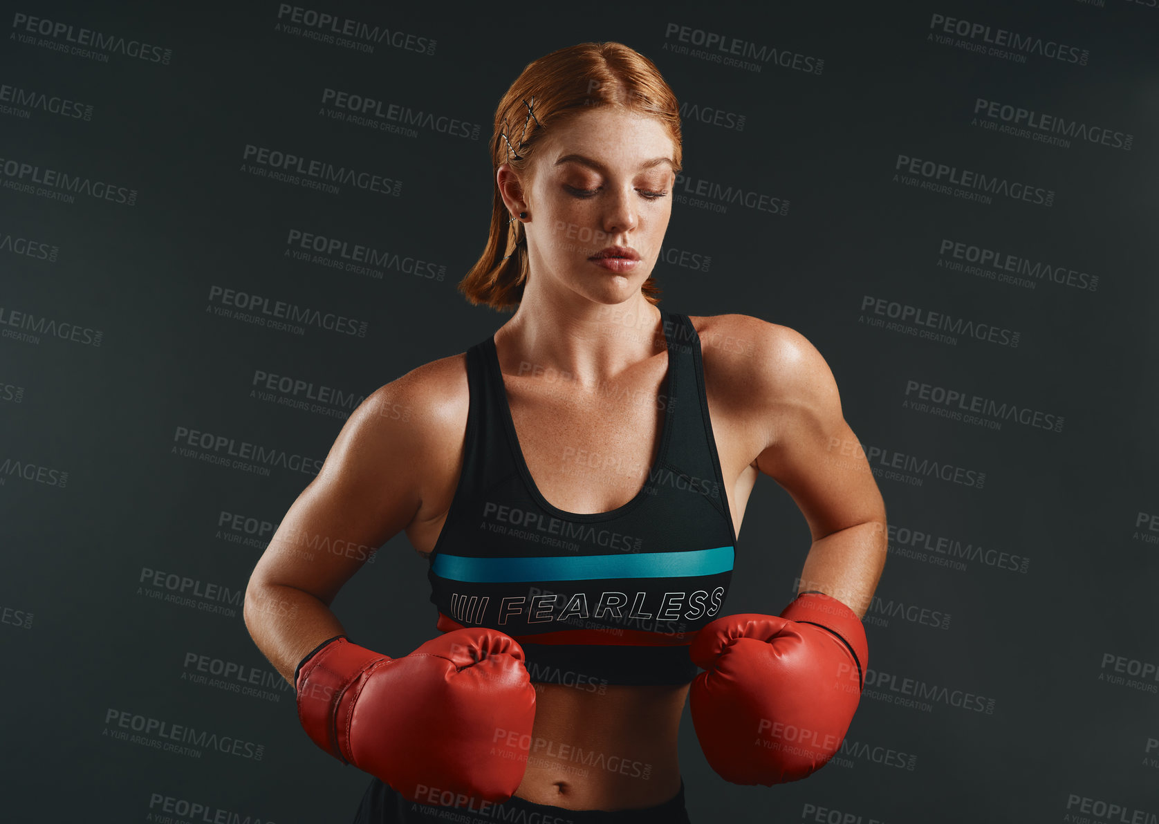 Buy stock photo Woman, boxing gloves and exercise as professional boxer on studio background for fitness or challenge. Female person, athlete and power for fight with strong muscle or pride for championship in sport