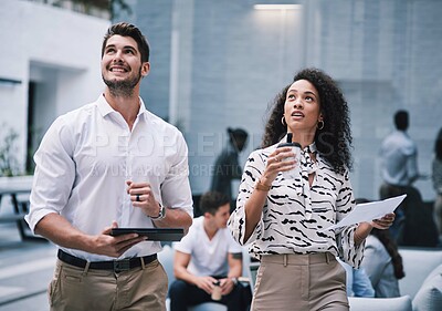 Buy stock photo Tablet, lobby and business people in office together for development, paperwork or planning. Collaboration, documents and happy colleagues in conversation with smile or teamwork at creative workplace