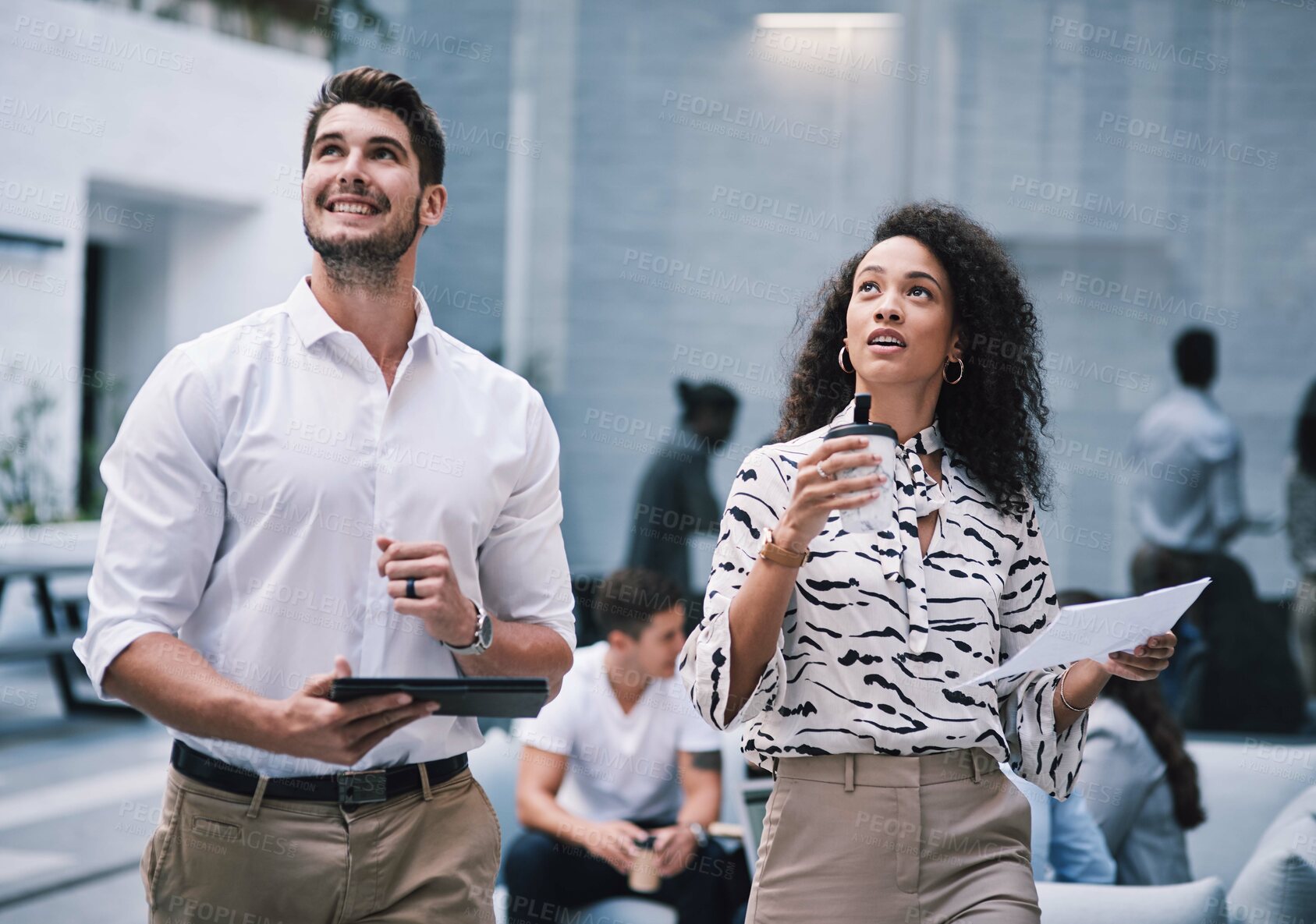 Buy stock photo Tablet, lobby and business people in office together for development, paperwork or planning. Collaboration, documents and happy colleagues in conversation with smile or teamwork at creative workplace