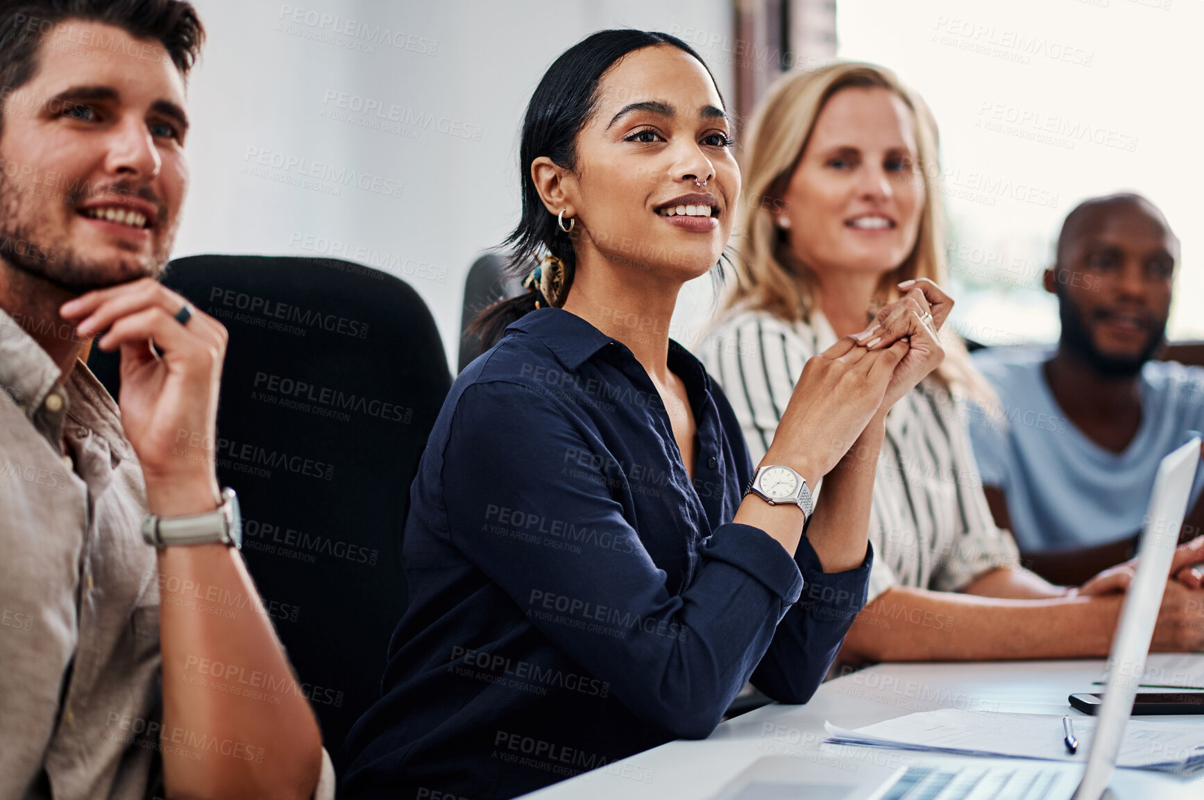 Buy stock photo Office, meeting and business people at seminar with attention for project proposal, press audience or pitch. Discussion, workshop and team in conference room with public relations, ideas or review.