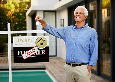 Buy stock photo Senior man, portrait and keys with house sold sign for new home, real estate and relocation. Male person, happy or confident moving in to property for retirement, pension and residential investment