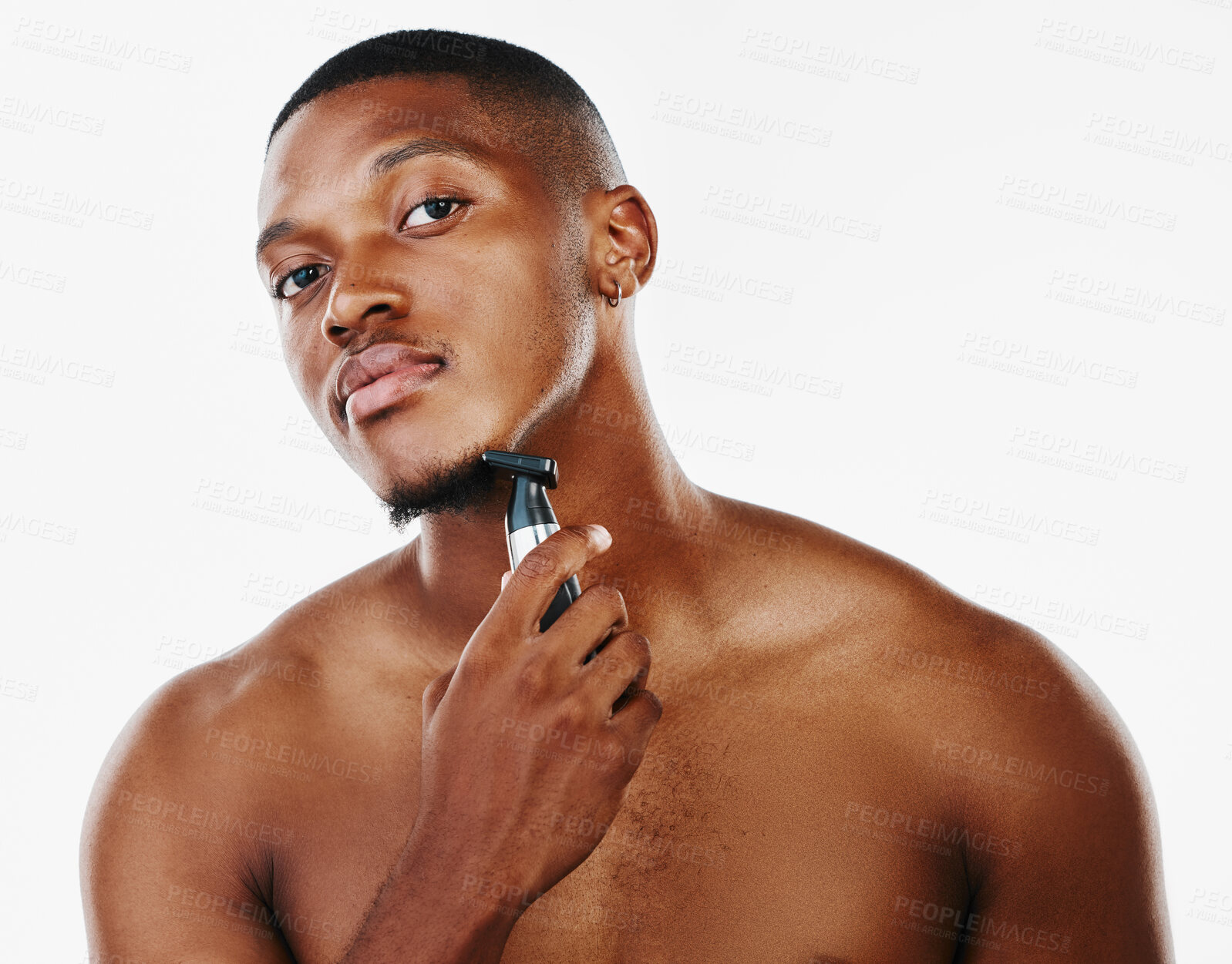 Buy stock photo Skincare, black man and portrait with razor for shaving, morning routine for wellness in grooming or hygiene. Male person, cosmetic product and hair removal for face, fresh and confidence in studio