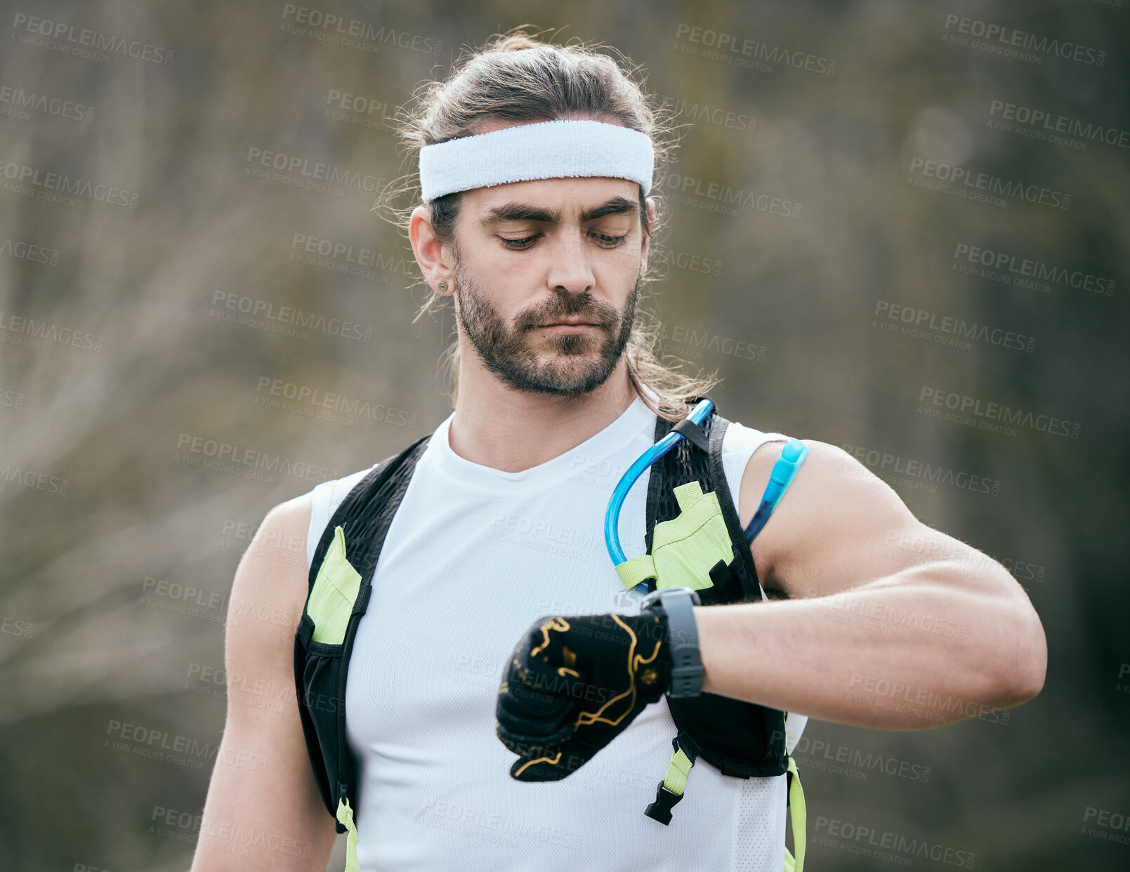 Buy stock photo Fitness, man and check smart watch outdoor for health progress, exercise results or heartbeat. Timer, sport and runner with clock to track training speed, pulse and wellness info on app at marathon